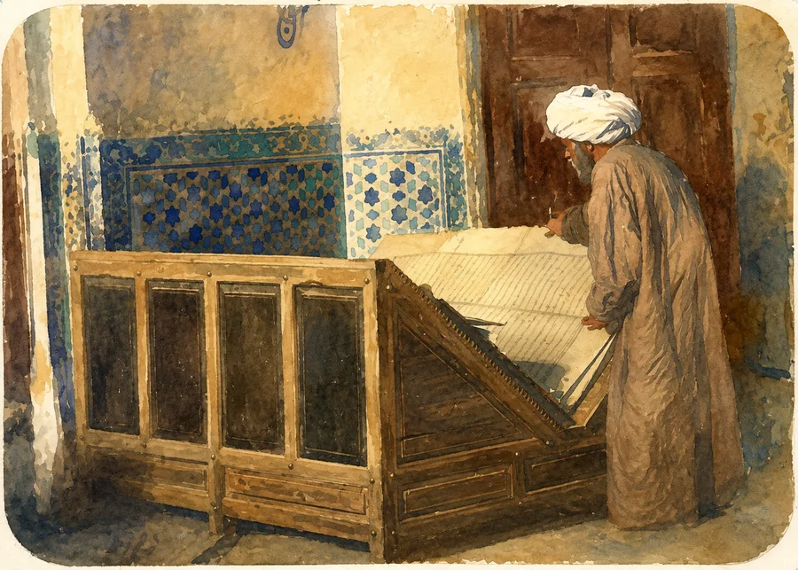 A scholar at the lectern of an outsized Qur&rsquo;an, khanaqah of
            Shah-i Zinda, Samarkand